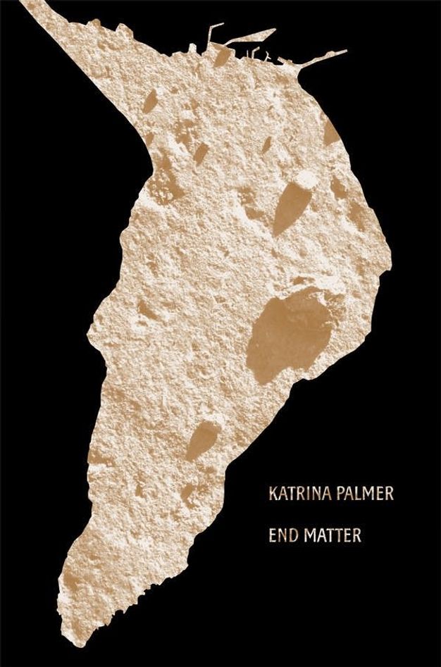 Book cover. A spot of rocky ground is in reverse silhouette, surrounded by black to create the outline of an island. The author’s name and the title are in the same tan of the stone near the lower right corner.