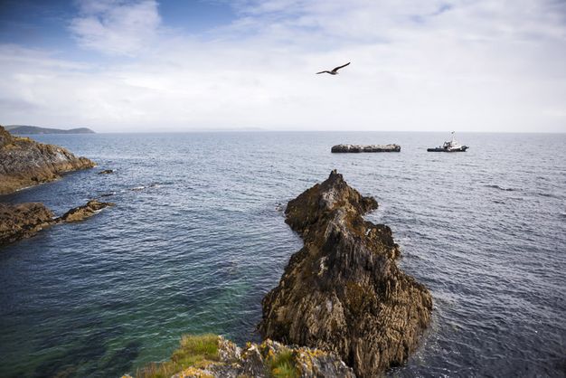 We look across a rocky outcropping jutting from rippling waters at a tugboat pulling a small rocky island.